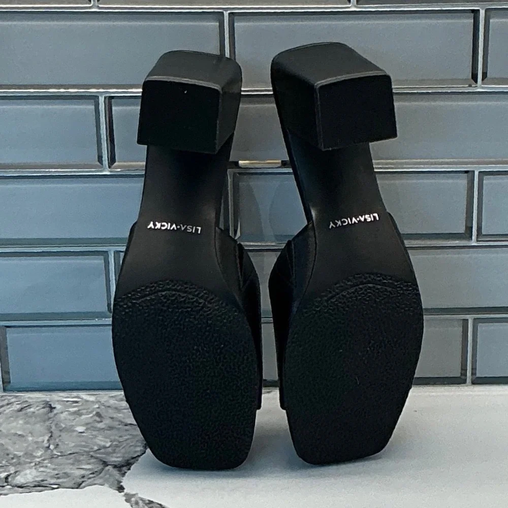 Lisa Vicky Vital-V Black Sheep Nappa Leather Square Toe Block Heel Sandals 7.5M‎